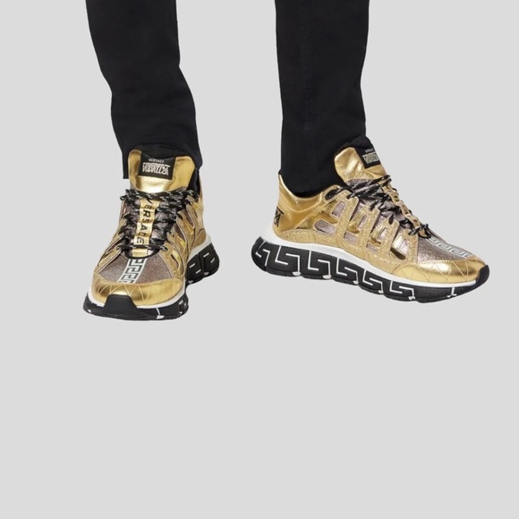 Preowned VERSACE "Trigreca" Logo Monogram Sneakers Gold/Brown. - Picture 3 of 17